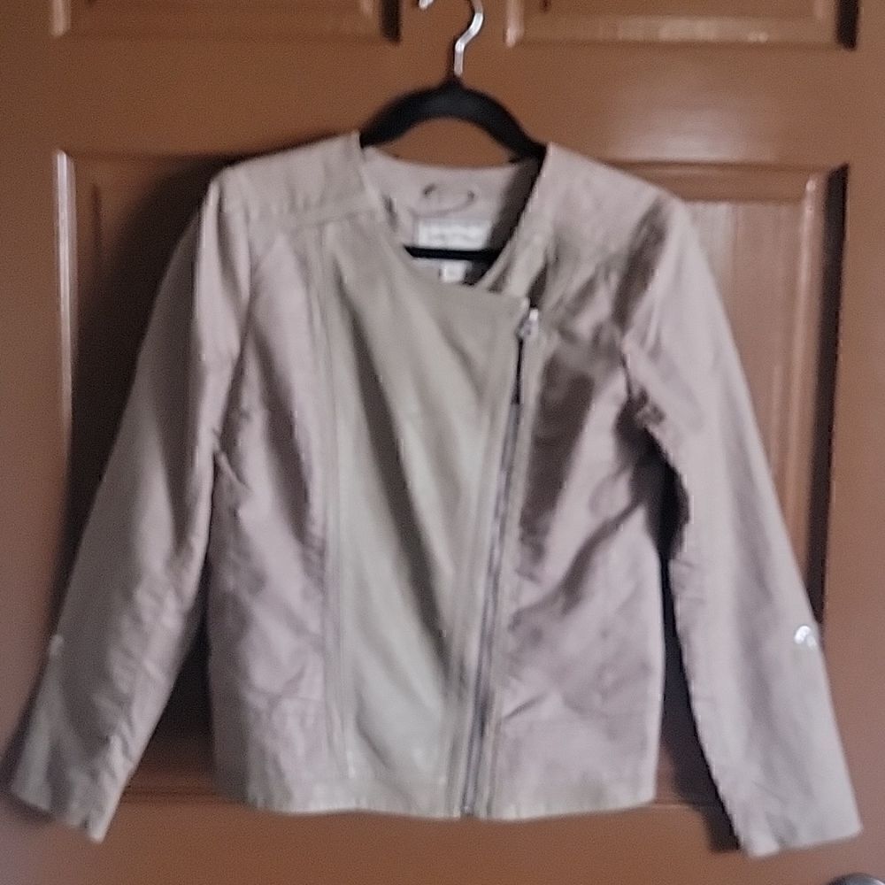 Lucky Brand- leather/linen taupe color moto jkt. S